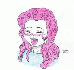 Size: 2363x2242 | Tagged: safe, artist:aramintaxkazemaru, pinkie pie, human, g4, blushing, eyes closed, female, high res, humanized, laughing, solo, traditional art