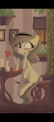 Size: 619x1400 | Tagged: dead source, safe, artist:berrydrops, oc, oc only, oc:pocket, earth pony, pony, female, flower, mare, pie, sitting, solo, table