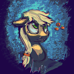 Size: 4000x4000 | Tagged: safe, artist:alumx, applejack, earth pony, pony, g4, abstract background, apple, applejack's cutie mark, bust, cutie mark, female, looking up, mare, signature, solo