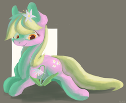 Size: 1016x836 | Tagged: dead source, safe, artist:berrydrops, lily, lily valley, earth pony, pony, g4, female, flower, mare, prone, solo