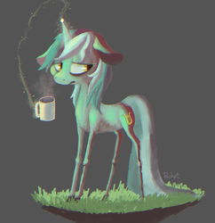 Size: 871x899 | Tagged: dead source, safe, artist:berrydrops, pony, unicorn, coffee, female, floppy ears, grass, mare, mug, solo, thin legs, tired