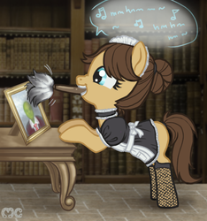 Size: 578x618 | Tagged: safe, artist:mcponyponypony, oc, oc only, oc:anon, oc:morning glory, earth pony, pony, anon in equestria, clothes, dusting, female, fishnet stockings, library, maid, mare, office, singing, solo