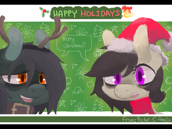 Size: 5330x4000 | Tagged: dead source, safe, artist:berrydrops, oc, oc only, oc:amelia, oc:pocket, earth pony, pony, abstract background, fake antlers, female, mare, merry christmas, santa hat