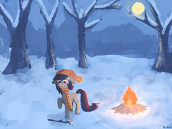 Size: 1600x1200 | Tagged: dead source, safe, artist:berrydrops, oc, oc only, oc:pocket, earth pony, pony, campfire, cap, female, floppy ears, mare, scarf, snow, solo, tree branch, winter