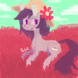 Size: 1500x1500 | Tagged: dead source, safe, artist:berrydrops, oc, oc only, oc:pocket, earth pony, pony, female, grass, mare, solo, straw hat