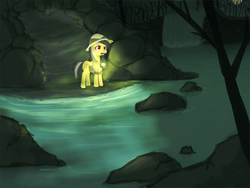 Size: 800x600 | Tagged: dead source, safe, artist:berrydrops, daring do, pegasus, pony, g4, female, lantern, mare, mouth hold, river, solo, waterfall