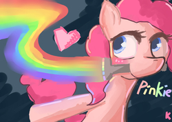 Size: 4960x3507 | Tagged: dead source, safe, artist:berrydrops, pinkie pie, earth pony, pony, g4, abstract background, female, heart, mare, mouth hold, paint, paintbrush, solo