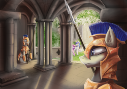 Size: 2480x1748 | Tagged: safe, artist:duh-veed, princess cadance, shining armor, g4, armor, building, garden, pillar, royal guard, spear, weapon