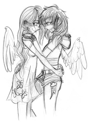 Size: 871x1200 | Tagged: safe, artist:the-blue-jay, fluttershy, rainbow dash, human, g4, eye contact, female, humanized, lesbian, monochrome, pixiv, ship:flutterdash, shipping, sketch, winged humanization