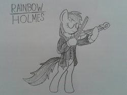 Size: 1024x768 | Tagged: safe, artist:tanaka-sentaro, rainbow dash, g4, cosplay, female, monochrome, musical instrument, sherlock holmes, solo, traditional art, violin