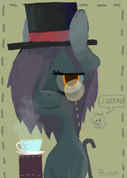 Size: 2498x3509 | Tagged: dead source, safe, artist:berrydrops, oc, oc only, oc:pocket, earth pony, pony, cane, cup, female, high res, mare, monocle, solo, top hat, u wot m8