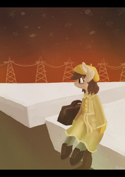 Size: 2975x4200 | Tagged: dead source, safe, artist:berrydrops, oc, oc only, semi-anthro, bag, beret, clothes, female, hat, power line, sitting, solo