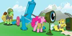 Size: 1600x800 | Tagged: safe, artist:bipole, pinkie pie, oc, g4, artillery, clothes, headset, helmet, partillery, party cannon, shell, telescope, uniform