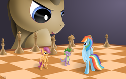 Size: 3840x2400 | Tagged: safe, artist:roadsleadme, doctor whooves, rainbow dash, scootaloo, spike, time turner, pegasus, pony, g4, bipedal, chess, chessboard, high res, micro