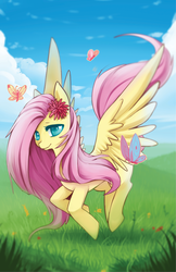Size: 495x765 | Tagged: safe, artist:mousu, fluttershy, butterfly, g4, cute, female, grass, looking at you, shyabetes, solo, spread wings