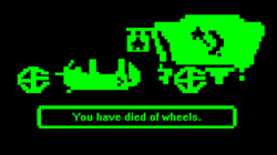 Size: 868x486 | Tagged: safe, artist:pixelkitties, trixie, g4, don't trust wheels, implied death, oregon trail, parody, wagon, wheel, you have died of dysentery