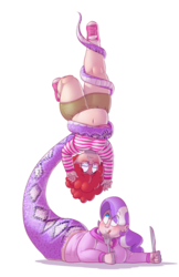 Size: 1041x1606 | Tagged: safe, artist:secretgoombaman12345, diamond tiara, twist, lamia, original species, g4, belly button, clothes, duo, fat, hoodie, humanized, imminent vore, licking, licking lips, midriff, shorts, tongue out, upside down