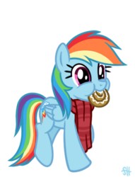 Size: 346x452 | Tagged: safe, artist:sorcerushorserus, rainbow dash, comic:dash academy, g4, :t, cinnamon bun, clothes, cute, dashabetes, eating, female, happy, nom, puffy cheeks, scarf, simple background, smiling, solo, transparent background, walking