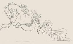 Size: 1200x735 | Tagged: safe, artist:celestiathegreatest, discord, fluttershy, draconequus, pegasus, pony, g4, boop, duo, eye contact, floating, lineart, monochrome, smiling
