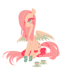 Size: 555x623 | Tagged: safe, artist:shacklefunk, fluttershy, pegasus, pony, g4, butt pillow, colored hooves, female, hair over one eye, hooves, mare, pillow, simple background, sitting, solo, teacup, white background