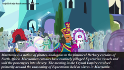 Size: 1280x720 | Tagged: safe, edit, edited screencap, screencap, bon bon, bright smile, castle (crystal pony), cloud kicker, commander redfeather, duchess of maretonia, eclair créme, elbow grease, fine line, immemoria, ivory, ivory rook, masquerade, maxie, neighbuchadnezzar, night knight, orion, paradise (g4), perfect pace, ponet, rubinstein, sapphire joy, shooting star (character), spring melody, sprinkle medley, star gazer, sunshower raindrops, sweetie drops, earth pony, pony, g4, twilight's kingdom, background character, background pony, background pony audience, headcanon, ice mirror, maretonia, pirate, redpilled-mlp-headcanons, unnamed character, unnamed pony