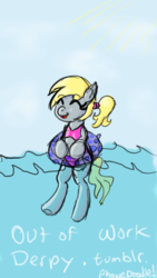 Size: 422x750 | Tagged: safe, artist:outofworkderpy, derpy hooves, pegasus, pony, g4, 30 minute art challenge, alternate hairstyle, eyes closed, female, floaty, happy, inner tube, mare, ponytail, smiling, solo, water