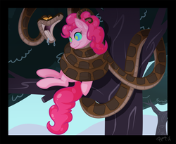 Size: 1155x945 | Tagged: safe, artist:hellonurse, pinkie pie, earth pony, pony, snake, g4, coils, drool, hypno pie, hypnosis, imminent vore, kaa, maw, peril, pinkie prey