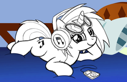 Size: 1149x749 | Tagged: safe, artist:drawponies, dj pon-3, vinyl scratch, pony, g4, bed, blanket design, cute, drawing, female, headphones, lidded eyes, looking at you, mp3 player, prone, sketch, smiling, solo