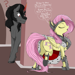 Size: 2000x2000 | Tagged: safe, artist:evehly, fluttershy, king sombra, g4, accessory swap, armor, butt, cape, clothes, crown, eyes closed, female, fluffy, frown, high res, male, mocking, open mouth, plot, question mark, quizzaciously, raised eyebrow, raised hoof, raised leg, ship:sombrashy, shipping, speech bubble, straight