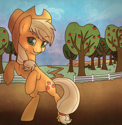 Size: 840x861 | Tagged: safe, artist:tanya-cat, applejack, g4, female, fence, looking at you, orchard, rearing, solo