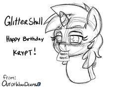 Size: 1280x914 | Tagged: safe, artist:outofworkderpy, snails, pony, unicorn, g4, black and white, blushing, colt, cute, glitter shell, grayscale, heart, male, monochrome, mouth hold, noot noot, note, paper, sketch, solo