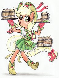 Size: 900x1178 | Tagged: safe, artist:oriwhitedeer, applejack, earth pony, semi-anthro, g4, braided tail, cider, female, looking at you, pie, pigtails, prehensile tail, smiling, solo, traditional art, twintails