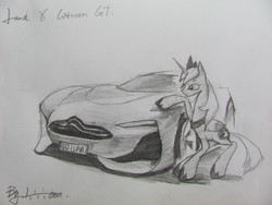 Size: 3648x2736 | Tagged: safe, artist:lililioon, princess luna, g4, car, citroën, female, gt by citroën, high res, monochrome, smiling, solo, supercar, touch, traditional art, vehicle