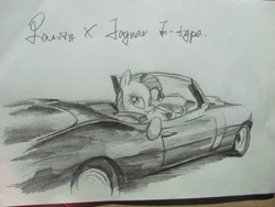 Size: 3648x2736 | Tagged: safe, artist:lililioon, rarity, g4, car, female, high res, jaguar (car), jaguar e-type, monochrome, solo, traditional art, vehicle