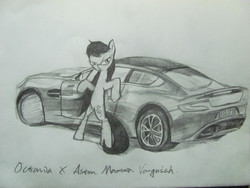 Size: 3648x2736 | Tagged: safe, artist:lililioon, octavia melody, g4, aston martin, aston martin vanquish, car, female, high res, monochrome, solo, supercar, traditional art, vehicle