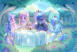 Size: 1920x1279 | Tagged: safe, artist:mewball, princess cadance, princess celestia, princess luna, twilight sparkle, alicorn, pony, g4, alicorn tetrarchy, female, garden, mare, sisters-in-law, table, tea party, twilight sparkle (alicorn)