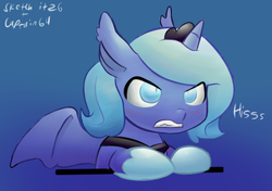 Size: 715x502 | Tagged: dead source, safe, artist:captain64, artist:ende26, princess luna, alicorn, bat pony, bat pony alicorn, pony, g4, angry, blue background, ear tufts, female, filly, hissing, lunabat, race swap, simple background, solo, woona, younger