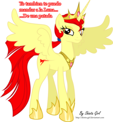 Size: 859x931 | Tagged: safe, artist:shinta-girl, oc, oc only, oc:taekwon magic, alicorn, pony, alicorn oc, princess, solo, spanish, translated in the comments