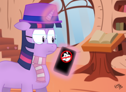 Size: 1280x931 | Tagged: safe, artist:supermaster10, twilight sparkle, pony, unicorn, g4, apple, cellphone, clothes, egghead, female, ghostbusters, glasses, hat, hipster, library, magic, nerd, phone, scarf, smartphone, solo, trilby, unicorn twilight