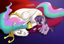 Size: 1600x1103 | Tagged: safe, artist:skecchiart, princess celestia, twilight sparkle, alicorn, pony, unicorn, :o, blank flank, catlestia, crown, cute, cutelestia, duo, eyes closed, face doodle, featured image, female, filly, filly twilight sparkle, funny, funny as hell, glowing horn, hoof shoes, jewelry, levitation, magic, majestic as fuck, mare, marker, missing cutie mark, momlestia, prone, regalia, silly, silly pony, sleeping, smiling, sweet dreams fuel, telekinesis, this will end in laughs, this will end in tears and/or a journey to the moon, twiabetes, unicorn twilight, younger