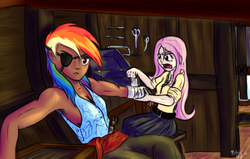 Size: 1024x652 | Tagged: safe, artist:m_d_quill, fluttershy, rainbow dash, human, g4, eyepatch, humanized, pirate, pirate dash, ponies are scurvy