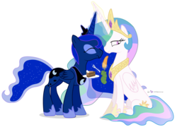 Size: 1300x938 | Tagged: safe, artist:dm29, princess celestia, princess luna, alicorn, pony, g4, cake, cakelestia, carrot, concave belly, duo, eating, female, food, herbivore, jewelry, magic, mare, regalia, royal sisters, siblings, simple background, sisters, slender, teasing, thin, transparent background, trolluna