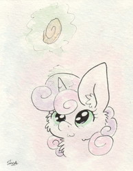 Size: 656x847 | Tagged: safe, artist:slightlyshade, sweetie belle, g4, cookie, female, solo, traditional art