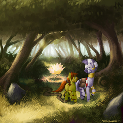 Size: 1250x1250 | Tagged: safe, artist:eosphorite, zecora, oc, oc:forest, zebra, g4, bag, forest, scenery, tree