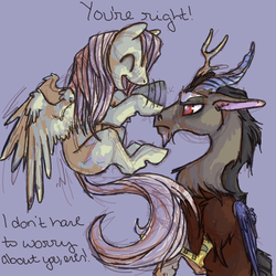 Size: 650x650 | Tagged: safe, artist:feathersandink, artist:trytoasknicely, discord, fluttershy, draconequus, pegasus, pony, g4, annoyed, ask, boop, discorded, flying, text, try to ask nicely, tumblr