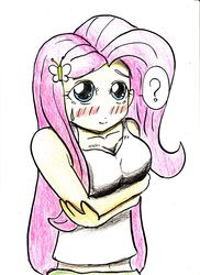 Size: 638x874 | Tagged: safe, artist:mochi natto x, fluttershy, equestria girls, g4, blushing, breast hold, breasts, busty fluttershy, female, pixiv, solo, sweatdrop