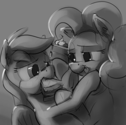 Size: 1500x1479 | Tagged: safe, artist:dimfann, pinkie pie, rainbow dash, g4, bedroom eyes, cake, eating, feeder pinkie, feeding, grayscale, monochrome