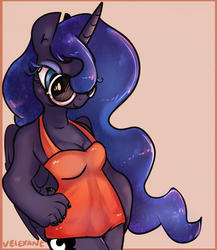 Size: 862x993 | Tagged: safe, artist:velexane, princess luna, anthro, g4, adorasexy, bottomless, breasts, clothes, cute, female, lunabetes, nail polish, one-piece swimsuit, partial nudity, sexy, solo, sunglasses, swimsuit
