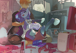 Size: 1240x877 | Tagged: safe, artist:tk, princess luna, human, gamer luna, g4, bedroom, clothes, console, halo (series), hug, hug from behind, human on pony snuggling, japanese, messy, no face, parody, pixiv, playing, sitting, snuggling, wii, xbox