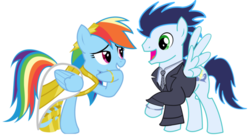 Size: 600x324 | Tagged: safe, artist:mokrosuhibrijac, rainbow dash, soarin', pegasus, pony, g4, clothes, commission, dress, female, male, mare, ship:soarindash, shipping, simple background, smiling, spread wings, stallion, straight, suit, transparent background, wedding, wings